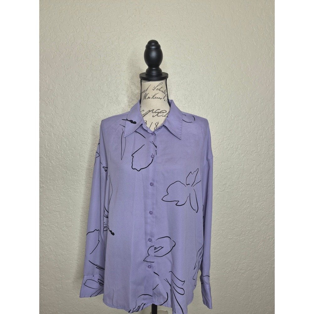 Worthington Lavender Purple Abstract Floral Button Down Shirt Blouse Long Sleeve